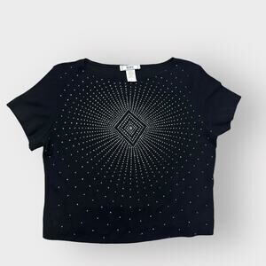 Vintage Obe cropped short sleeve sweater blouse with rhinestone design